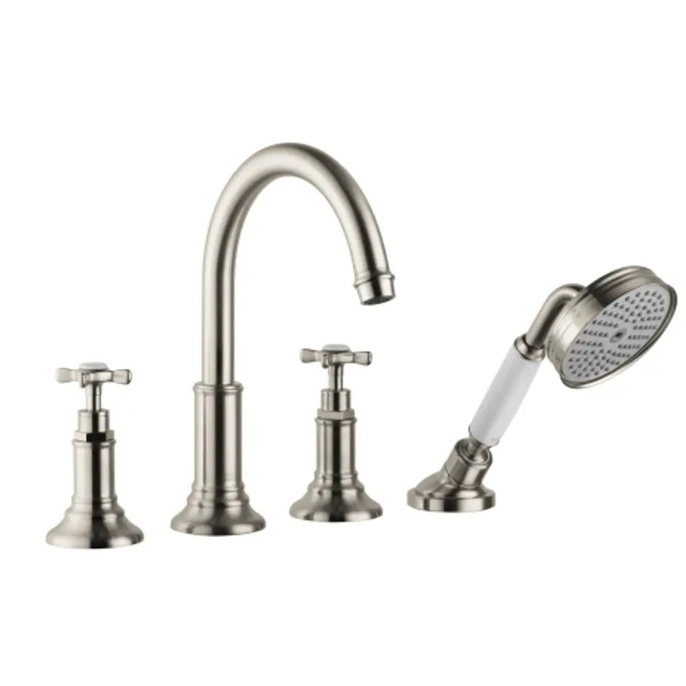 AXOR Montreux 4-Loch Fliesenrandarmatur mit Kreuzgriffen in gebürstetem Nickel. Enthält einen hohen Wasserhahn und einen Handbrause-Mischer.